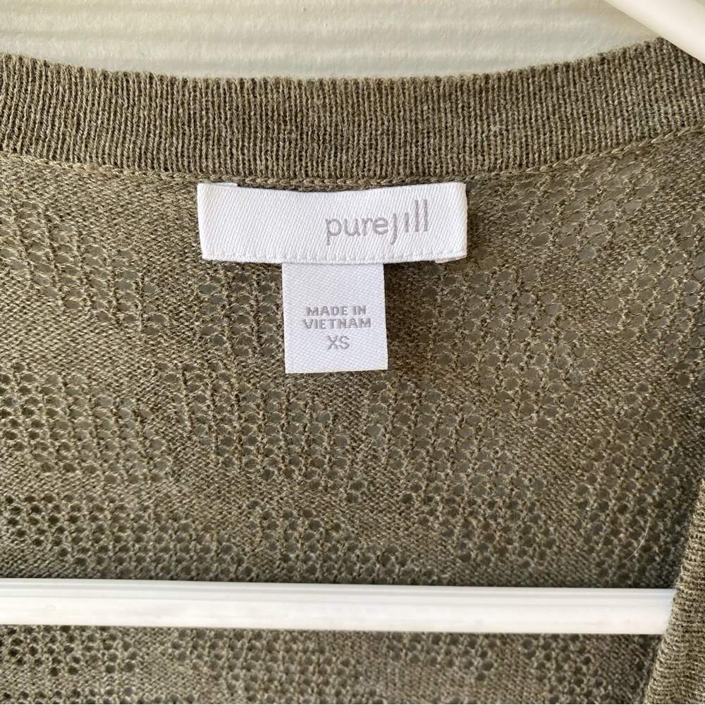 PURE J. JILL Olive Green Open Front 3/4 Sleeve Cardigan - Picture 2 of 11